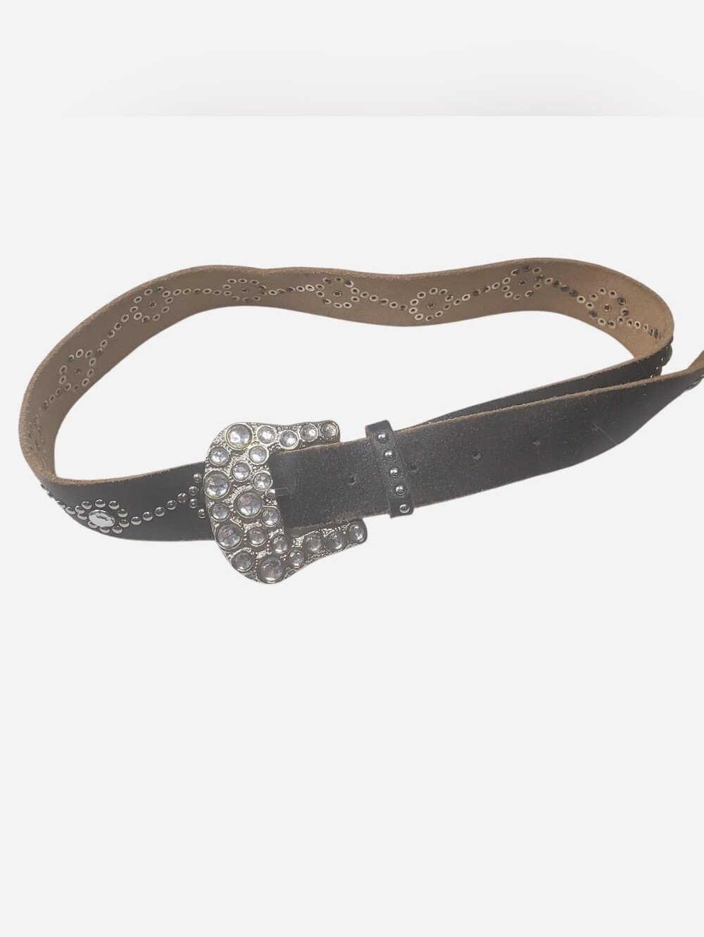 Vintage Genuine Leather Belt Womens Studded Rhinestones 43" Brown Silver Y2k